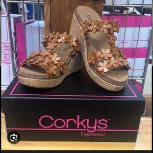 Corkys Cognac Floral Wedge Sandals Cognac Size 8